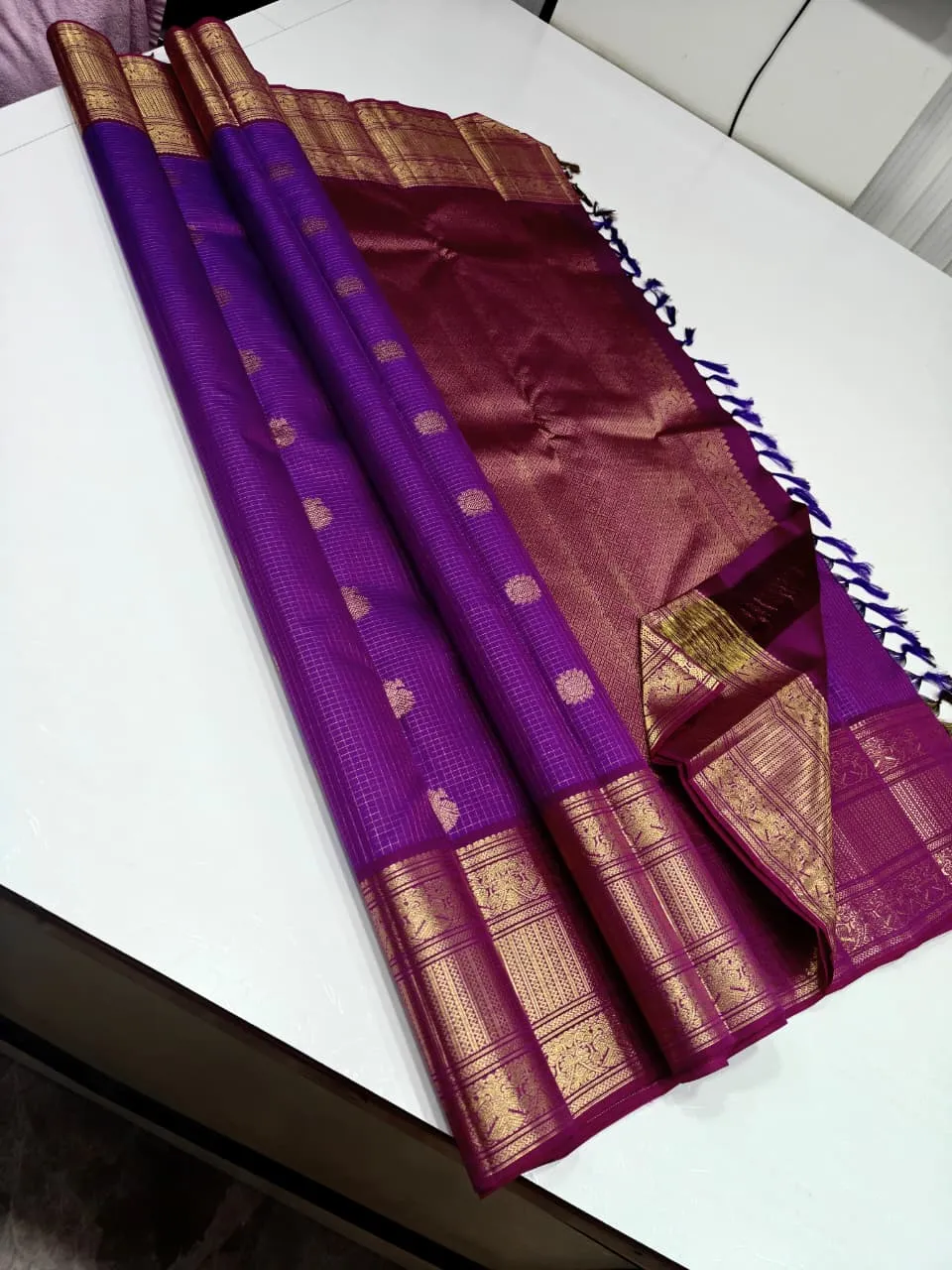 Bright Violet & Copper Gold Kanjivaram Saree